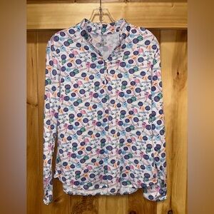Ladies Multi Color Golf Ball Print performance long sleeve golf polo medium